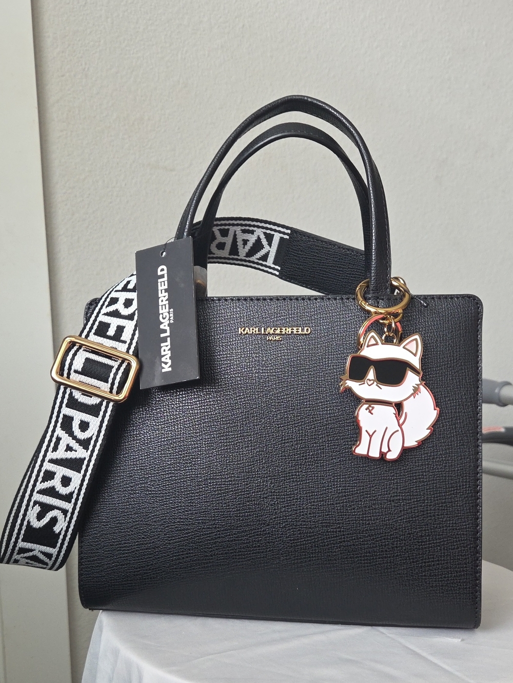 Karl Lagerfeld Black Satchel with Logo Strap and Choupette The Cat Charm NWT